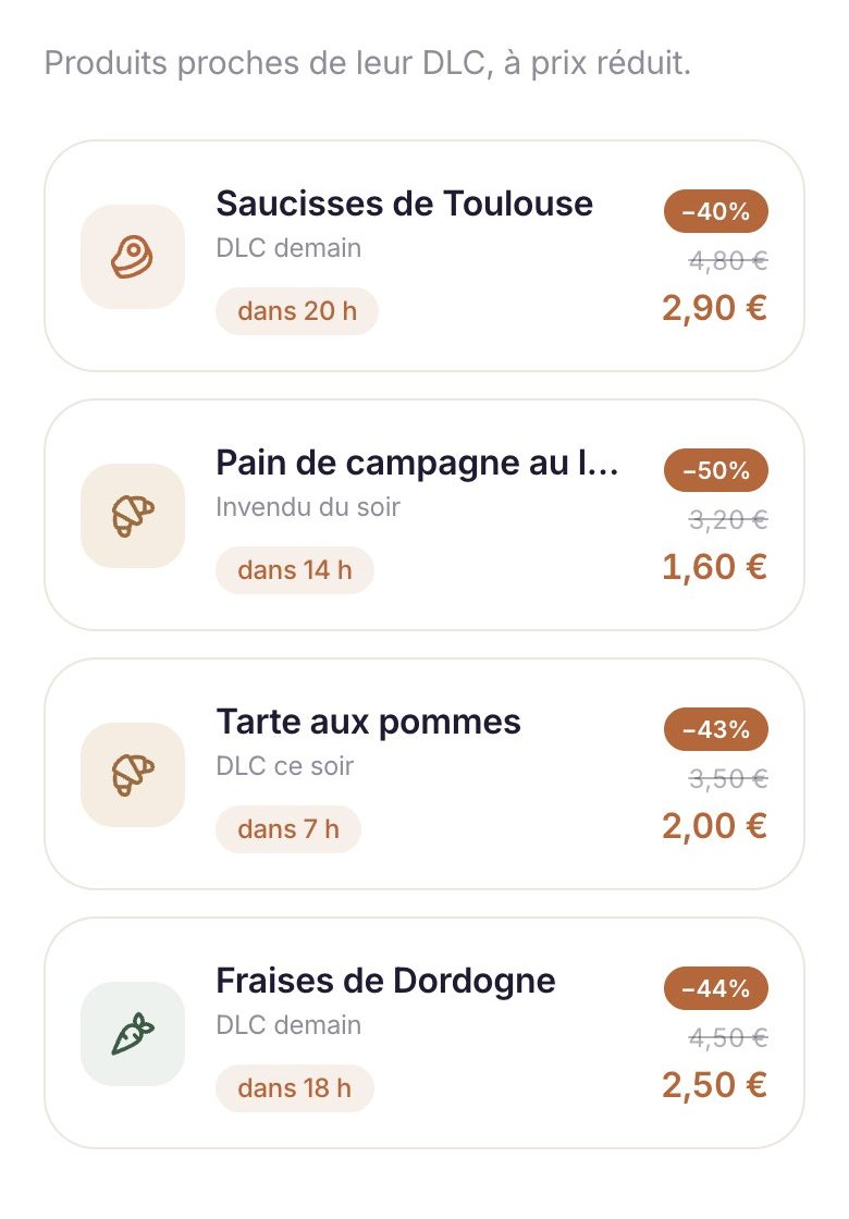 Capture de l’application BonGost : les bons plans anti-gaspi d’une boutique, chacun avec son produit et son prix réduit (données d’exemple)