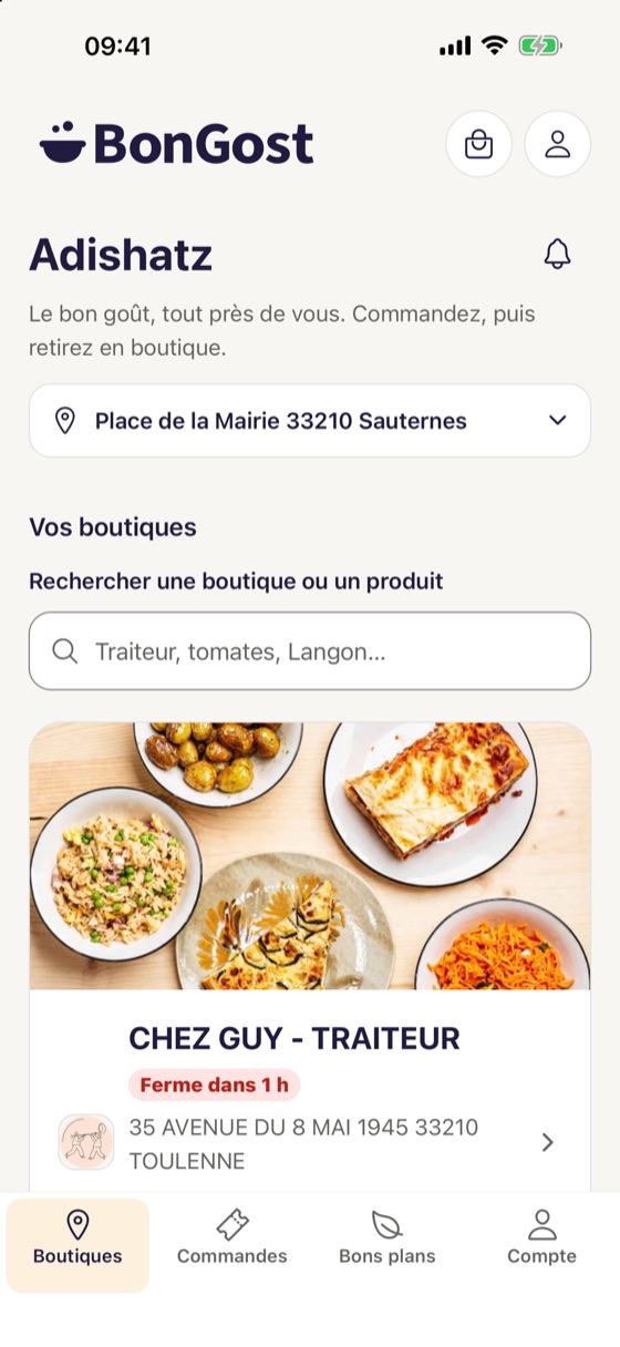 Capture de l’application BonGost : l’accueil « Adishatz », la recherche et la fiche de Chez Guy, traiteur, avenue du 8 Mai 1945 à Toulenne