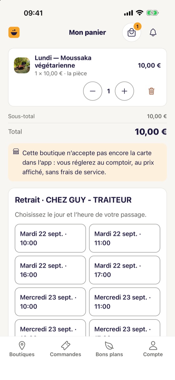 Capture de l’application BonGost : le panier, avec le choix du jour et de l’heure de retrait chez Chez Guy, traiteur à Toulenne