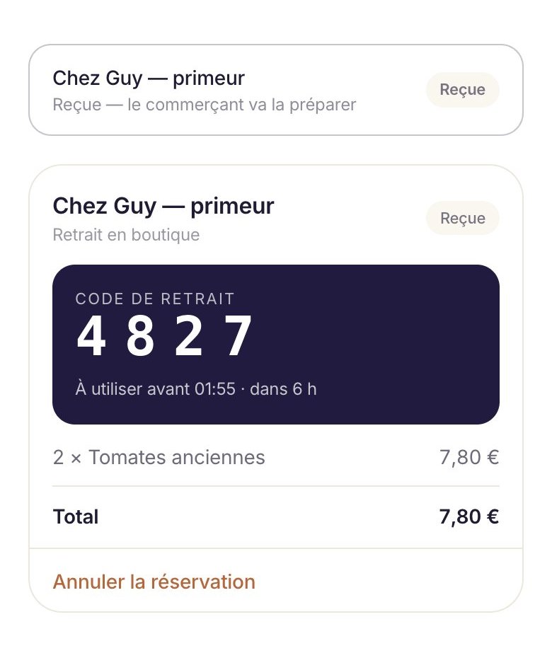 Capture de l’application BonGost : le code de retrait d’une commande, à présenter au comptoir (données d’exemple)